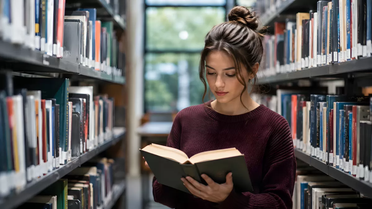 Junge Frau liest Buch zwischen Bücherregalen