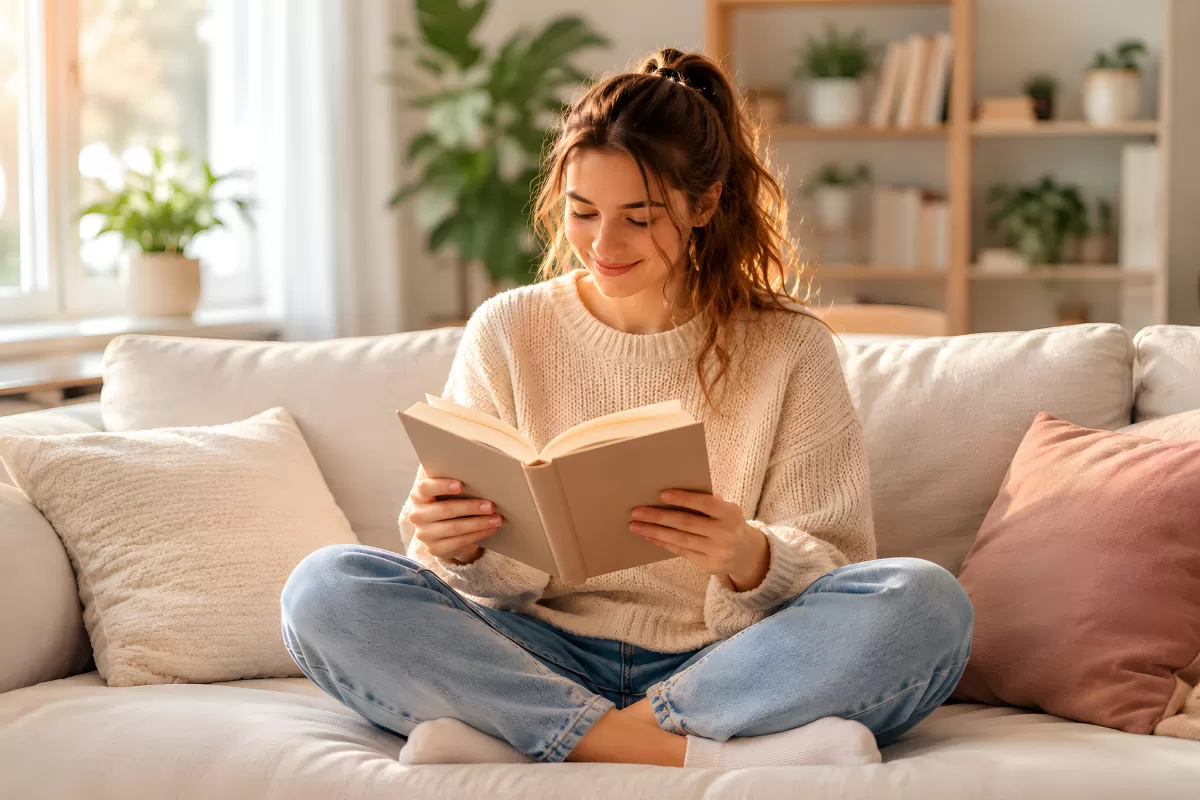 Junge Frau liest entspannt ein Buch auf dem Sofa