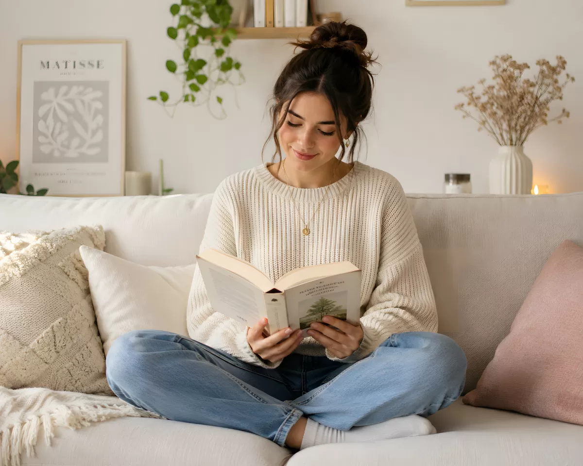 Junge Frau liest gemütlich ein Buch auf dem Sofa