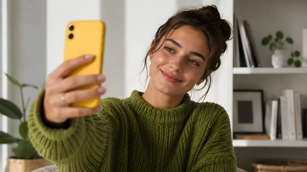 Junge Frau macht Selfie mit gelbem Smartphone