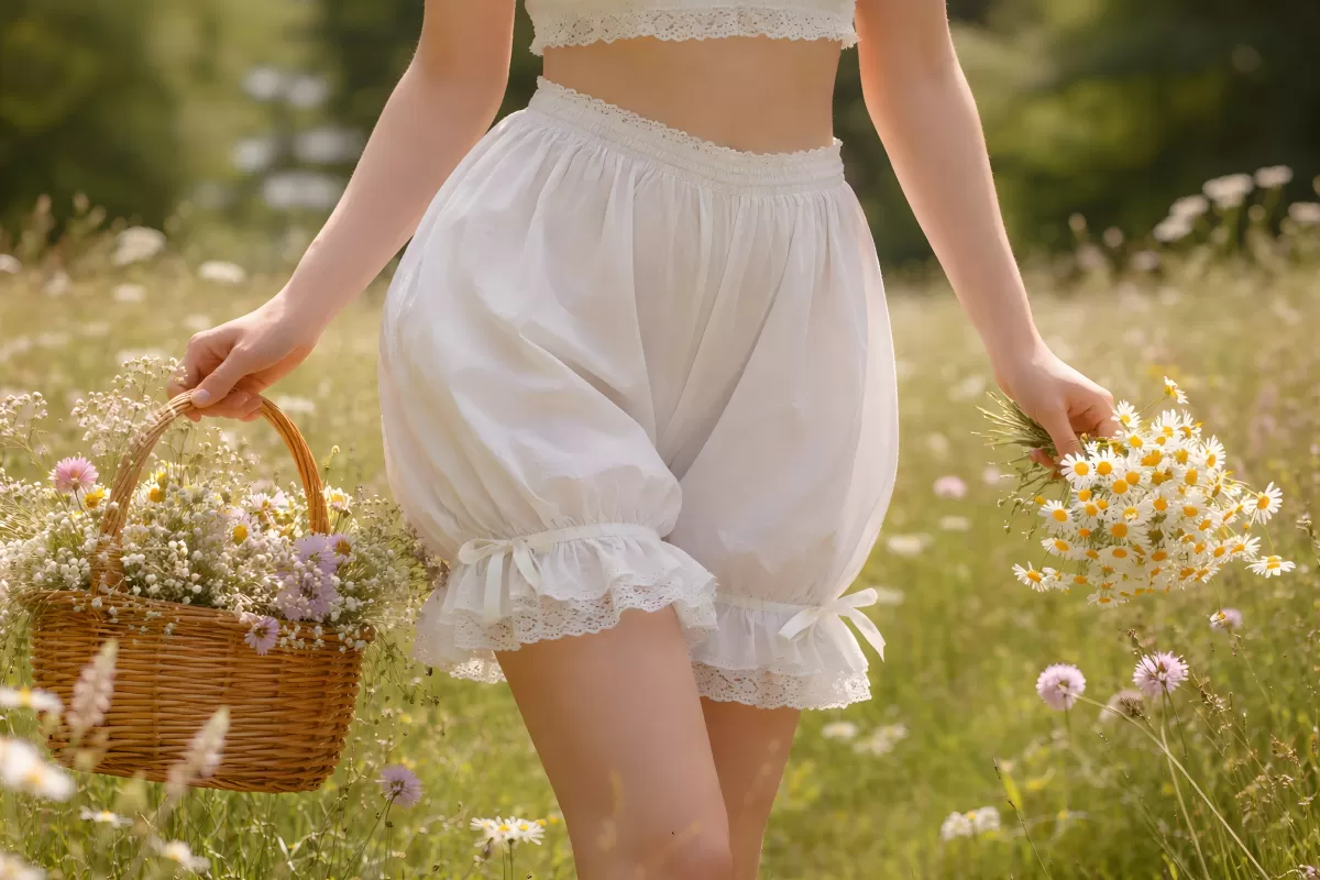 Junge Frau mit Blumenkorb in sommerlicher Blumenwiese