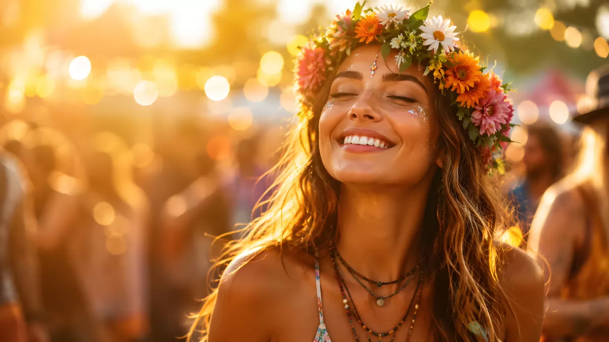 Junge Frau mit Blumenkranz lacht beim Musikfestival