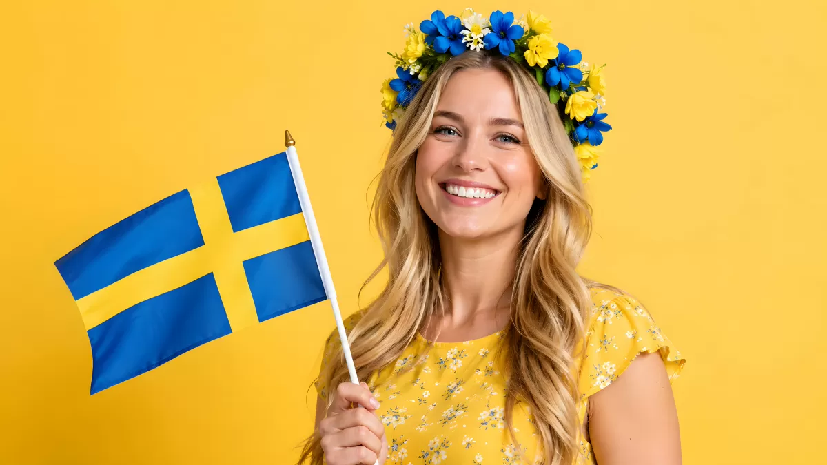 Junge Frau mit Blumenkranz und schwedischer Flagge zu Midsommar