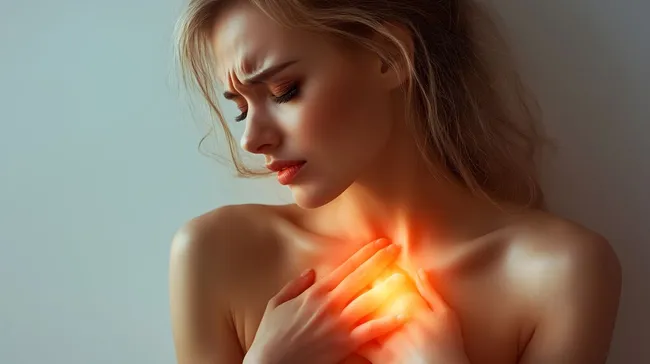 Junge Frau mit Brustschmerzen und Emotionsausdruck