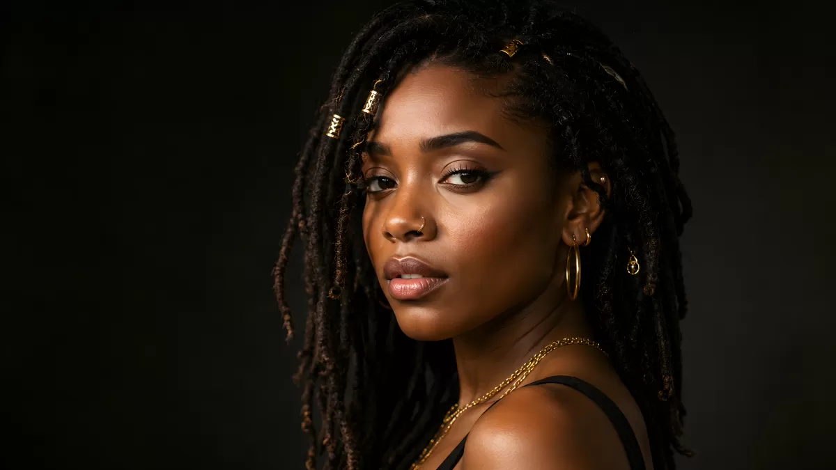 Junge Frau mit Dreadlocks und goldenem Schmuck