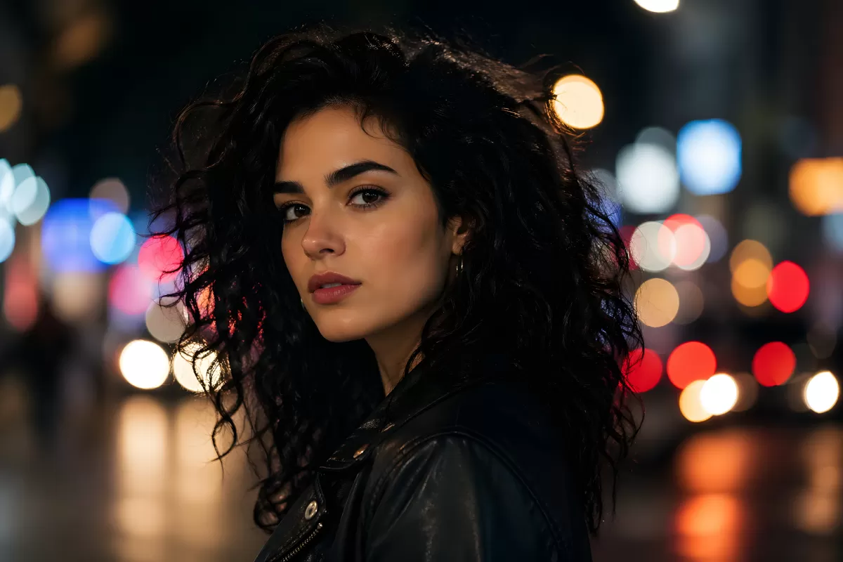 Junge Frau mit dunklem Lockenhaar nachts in der Stadt