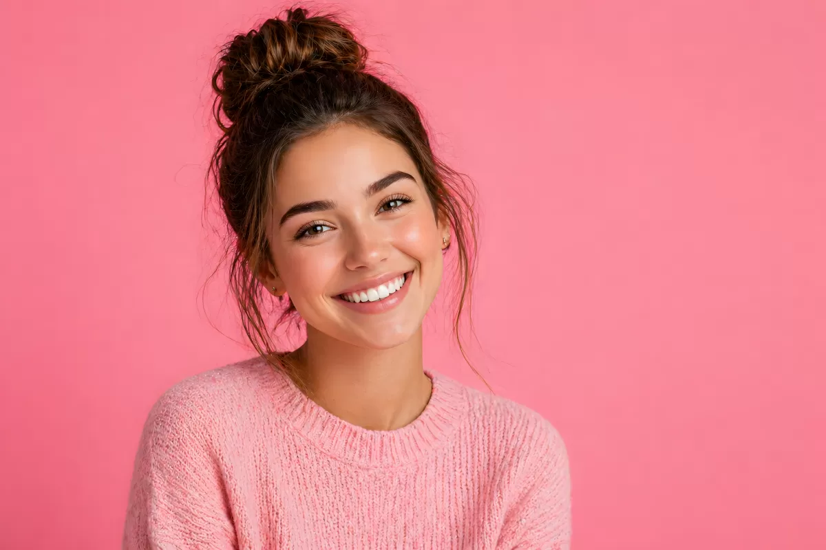 Junge Frau mit Dutt lächelt vor rosa Hintergrund
