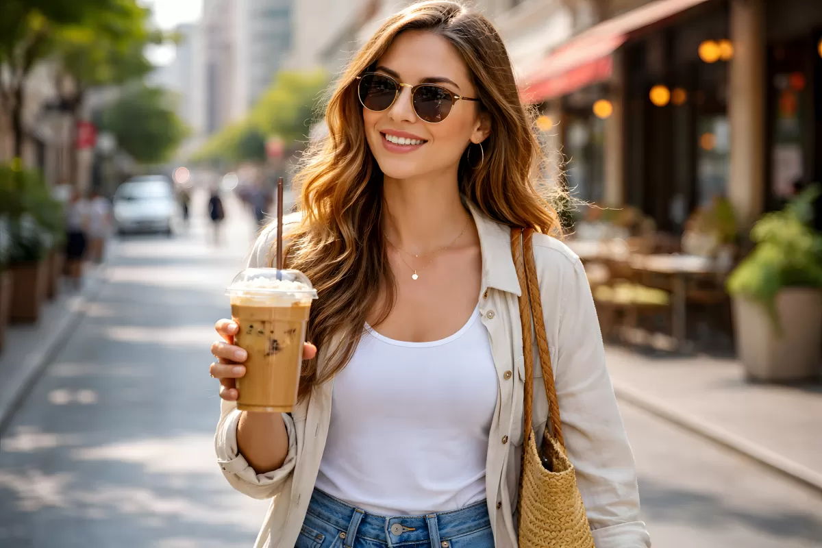 Junge Frau mit Eiskaffee beim Stadtbummel im Sommer