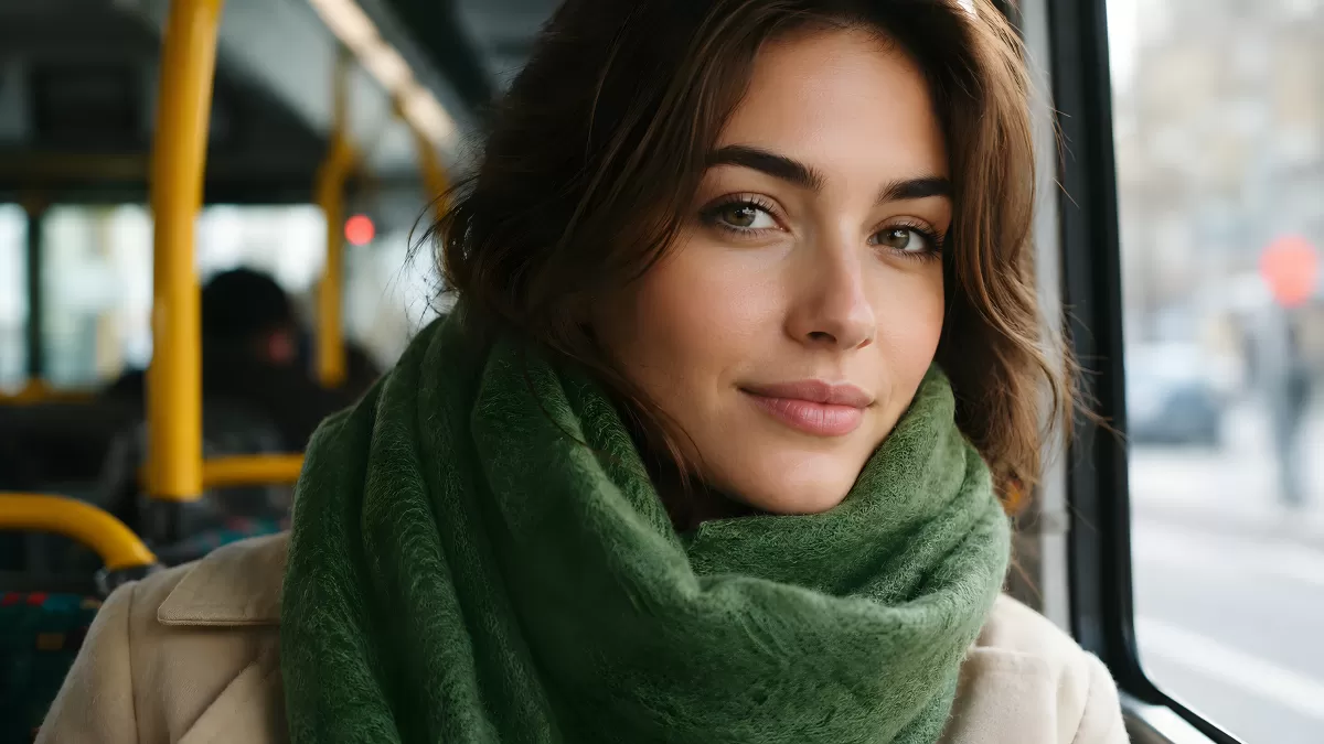 Junge Frau mit grünem Schal im Stadtbus schaut nachdenklich