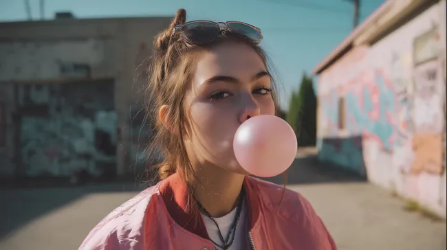 Junge Frau mit Gummiblasenkauen in urbaner Umgebung