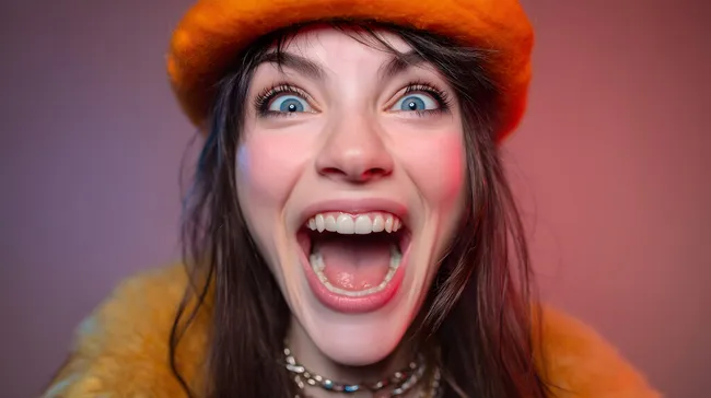 Junge Frau mit knalliger Mütze lacht enthusiastisch