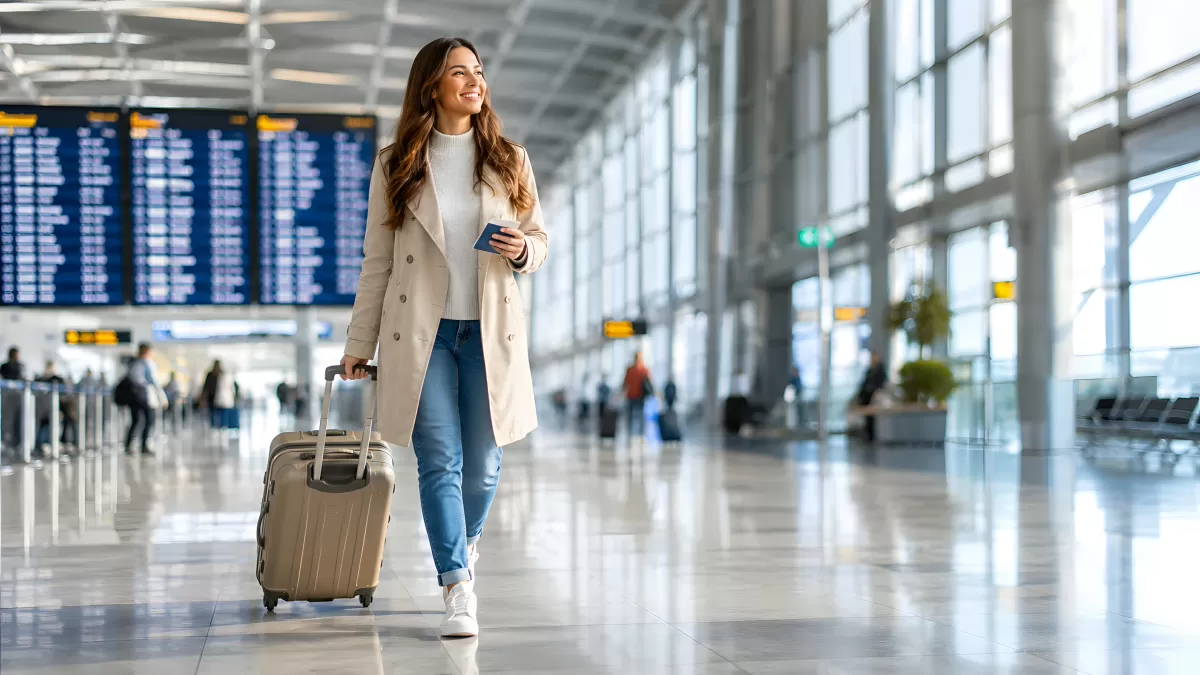 Junge Frau mit Koffer und Pass am Flughafen