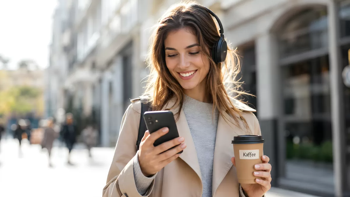 Junge Frau mit Kopfhörern und Kaffee in der Stadt