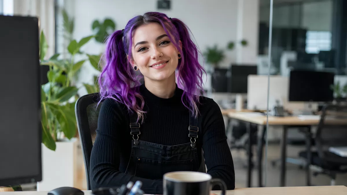 Junge Frau mit lila Haaren lächelt im Büro