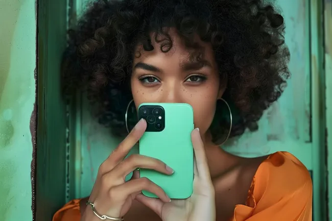 Junge Frau mit lockigen Haaren fotografiert sich selbst