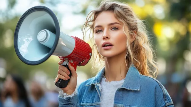 Junge Frau mit Megafon bei Demonstration