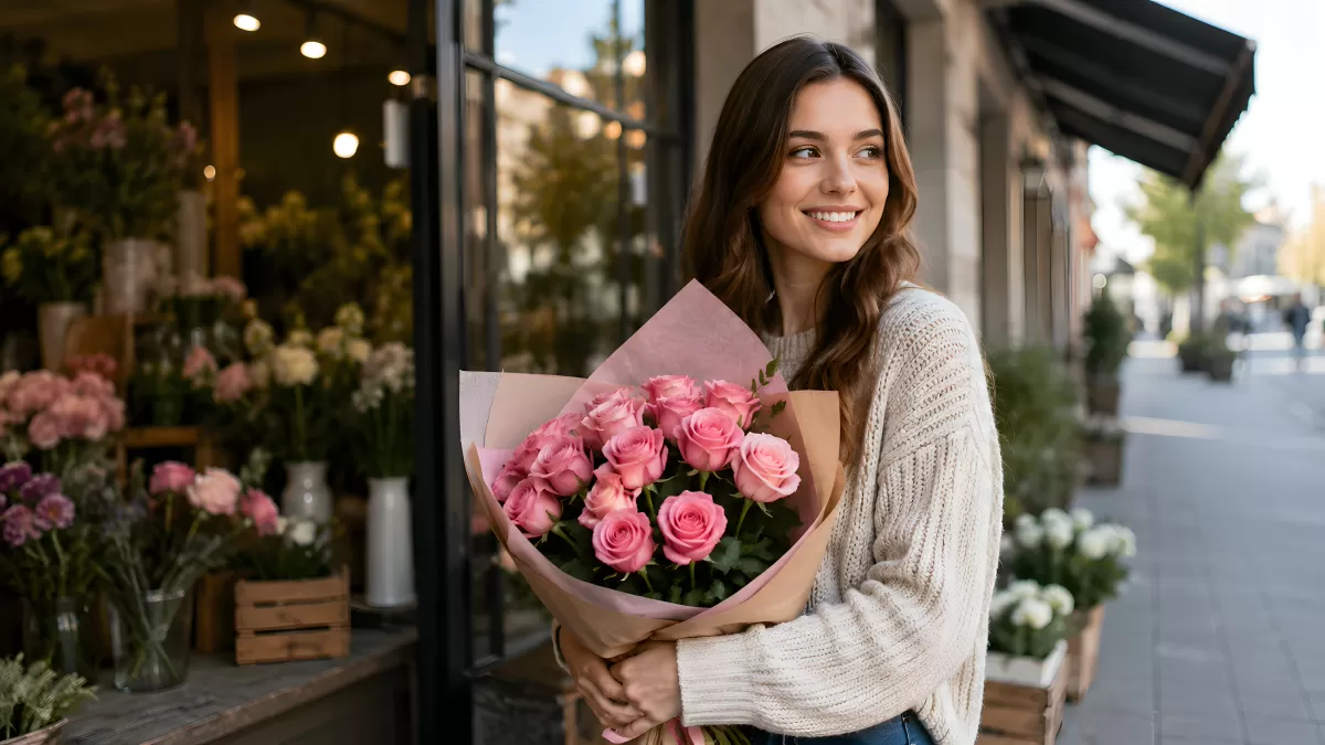 Junge Frau mit pinkem Rosenstrauß vor Blumenladen