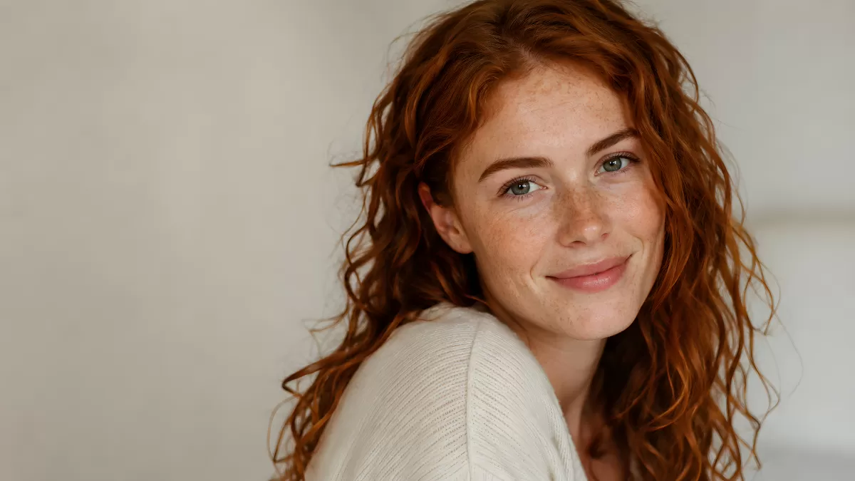 Junge Frau mit roten Locken und Sommersprossen lächelt