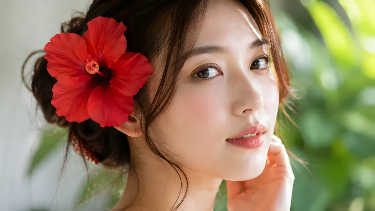 Junge Frau mit roter Hibiskusblüte im Haar