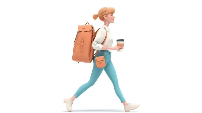 Junge Frau mit Rucksack und Kaffeebecher unterwegs