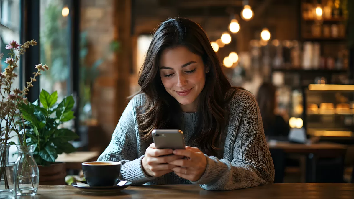 Junge Frau mit Smartphone im gemütlichen Café