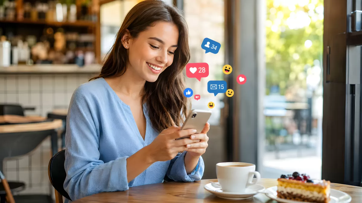 Junge Frau mit Smartphone in Café erhält Likes