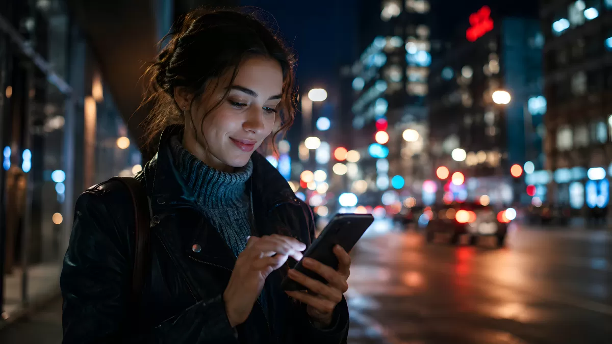 Junge Frau mit Smartphone nachts in der Stadt