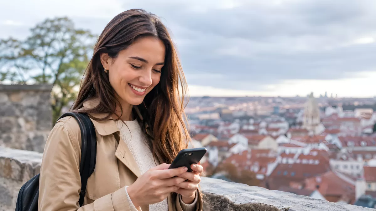 Junge Frau mit Smartphone über den Dächern Prags