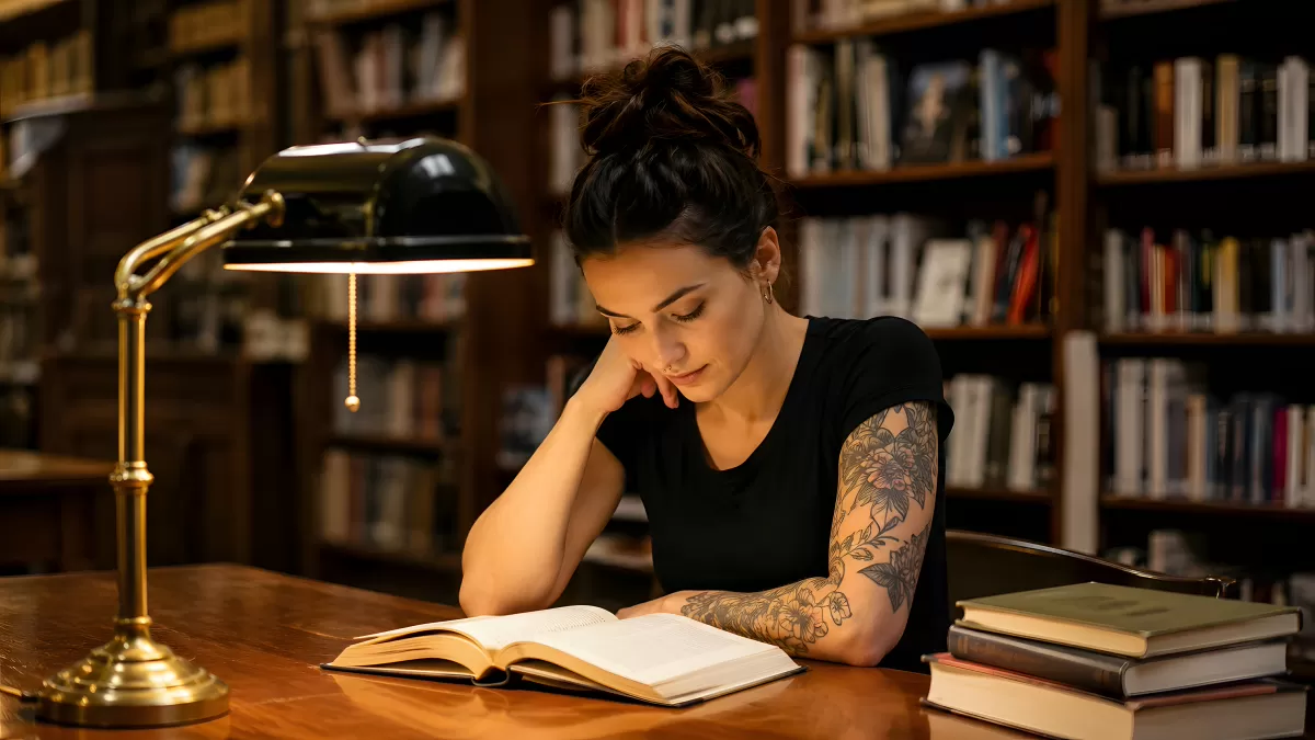 Junge Frau mit Tattoos liest konzentriert in Bibliothek