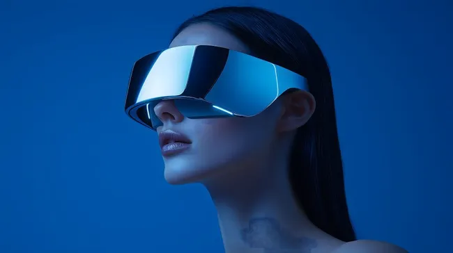 Junge Frau mit virtueller Realitätsbrille auf blauem Hintergrund