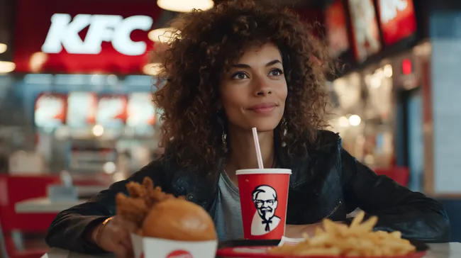 Junge Frau mit voluminösen Locken genießt Fast-Food