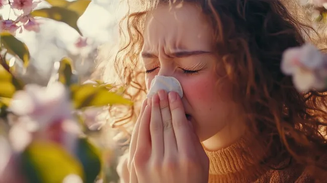 Junge Frau niest vor blühenden Kirschblüten