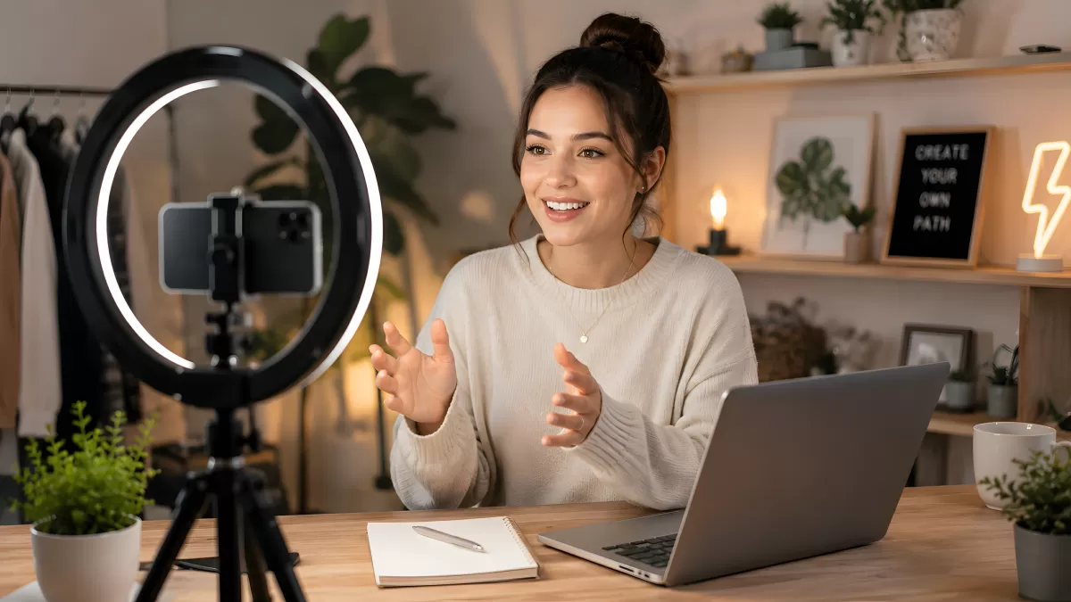 Junge Frau nimmt Video auf – Heimstudio mit Ringlicht
