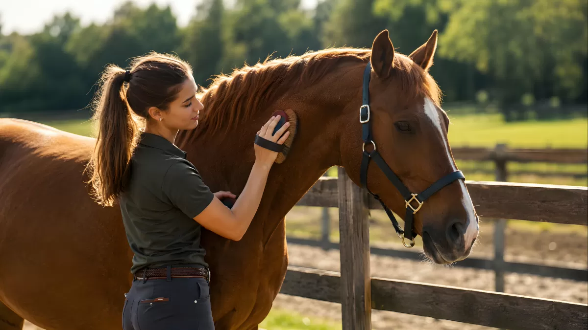 Horse Management: Junge Frau pflegt Chesnut-Pferd am Koppelzaun