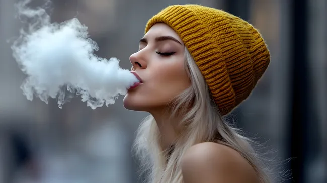 Junge Frau raucht E-Zigarette im Freien