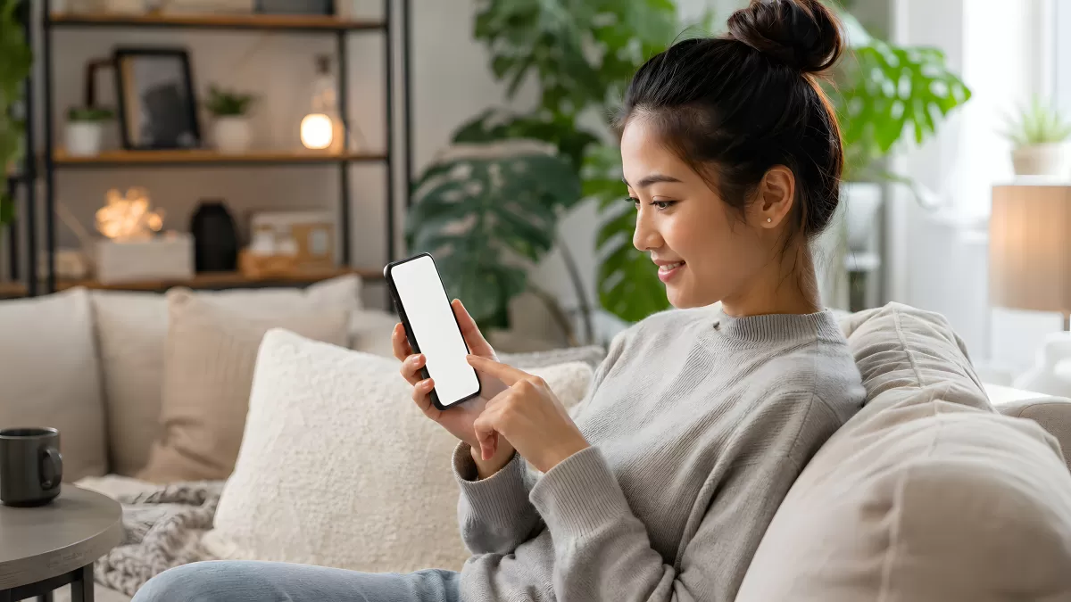Junge Frau sitzt entspannt auf Sofa mit Smartphone
