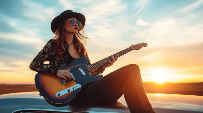 Junge Frau spielt Gitarre bei Sonnenuntergang