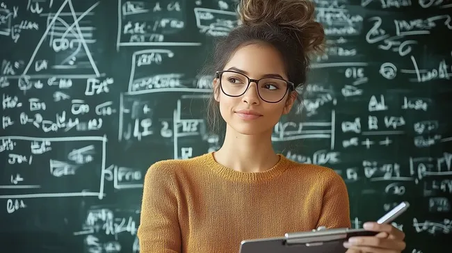 Junge Frau studiert Formeln an der Tafel