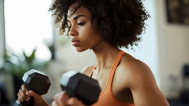 Junge Frau trainiert mit Hanteln im Fitnessstudio