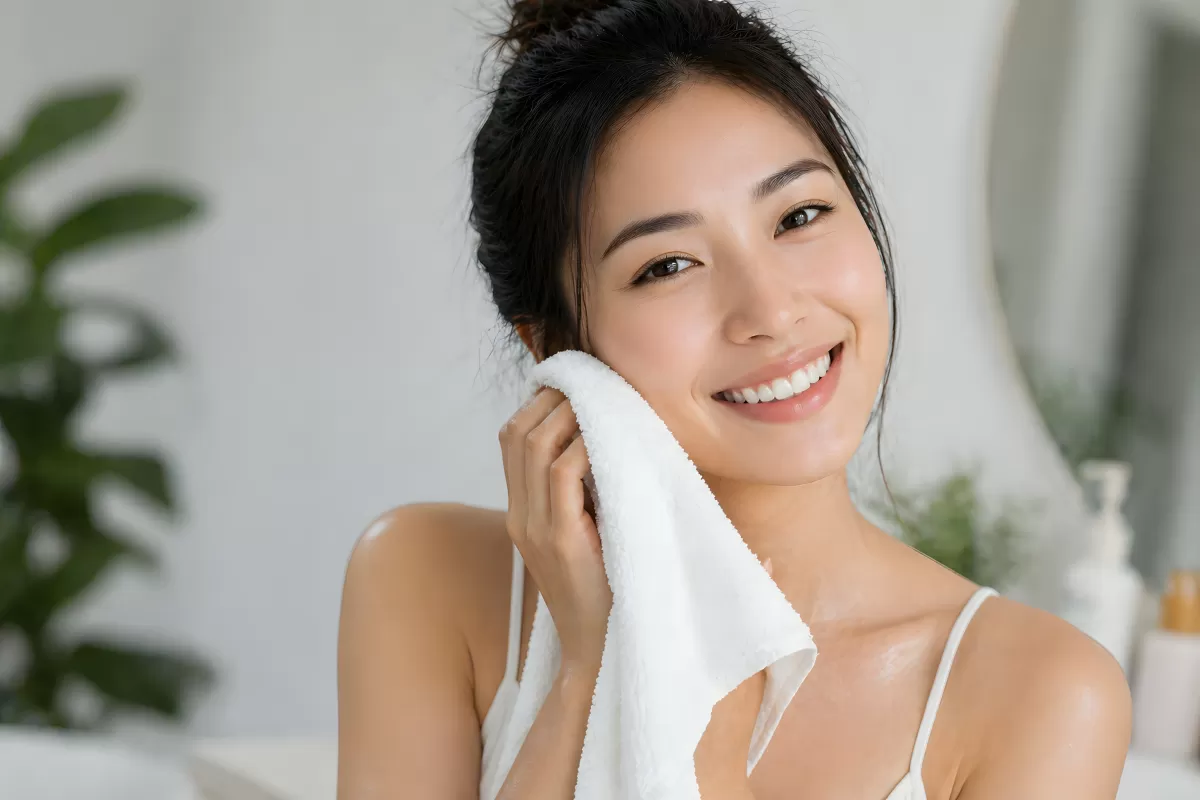 Junge Frau trocknet Gesicht mit weißem Handtuch