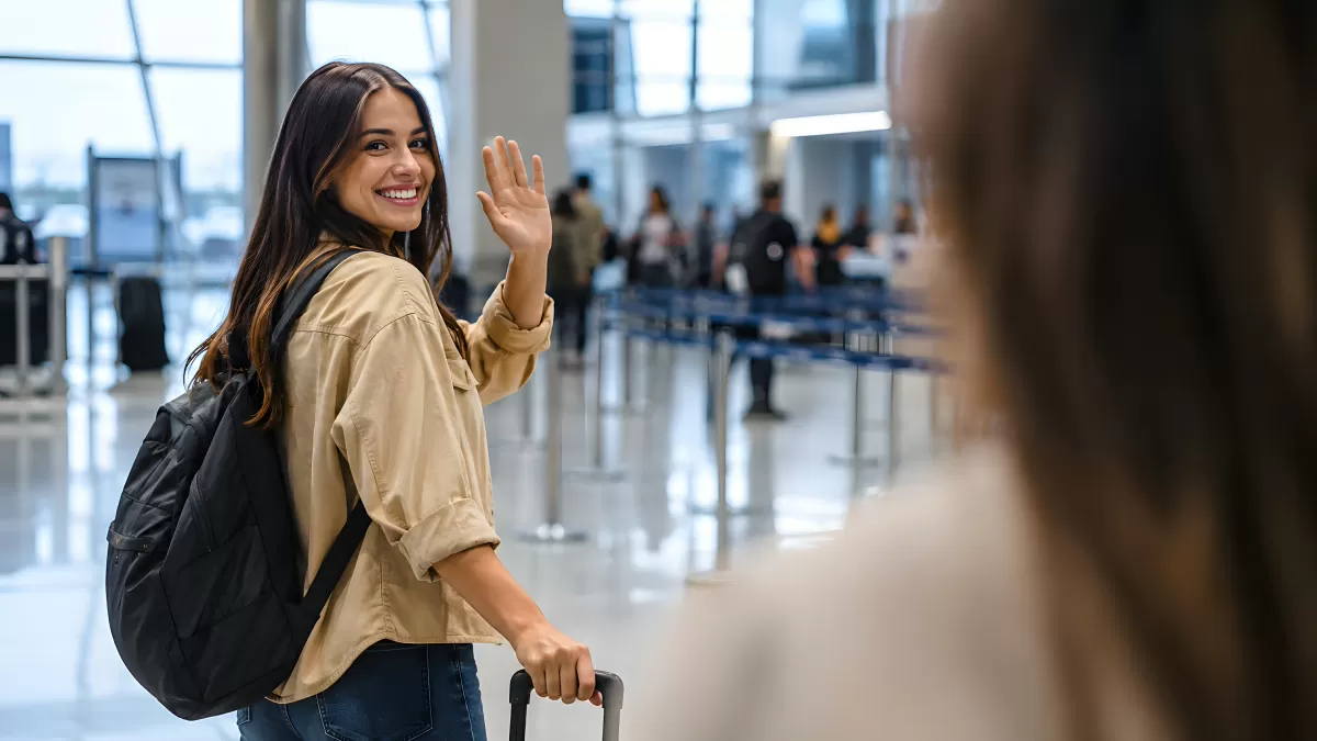 Junge Frau verabschiedet sich lächelnd am Flughafen