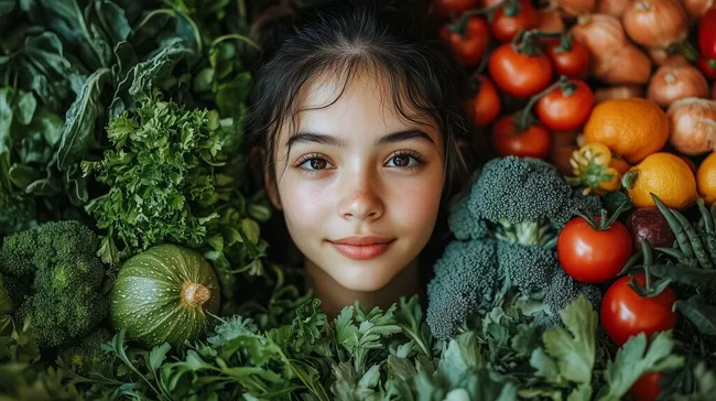 Junge Frau von Obst und Gemüse umgeben