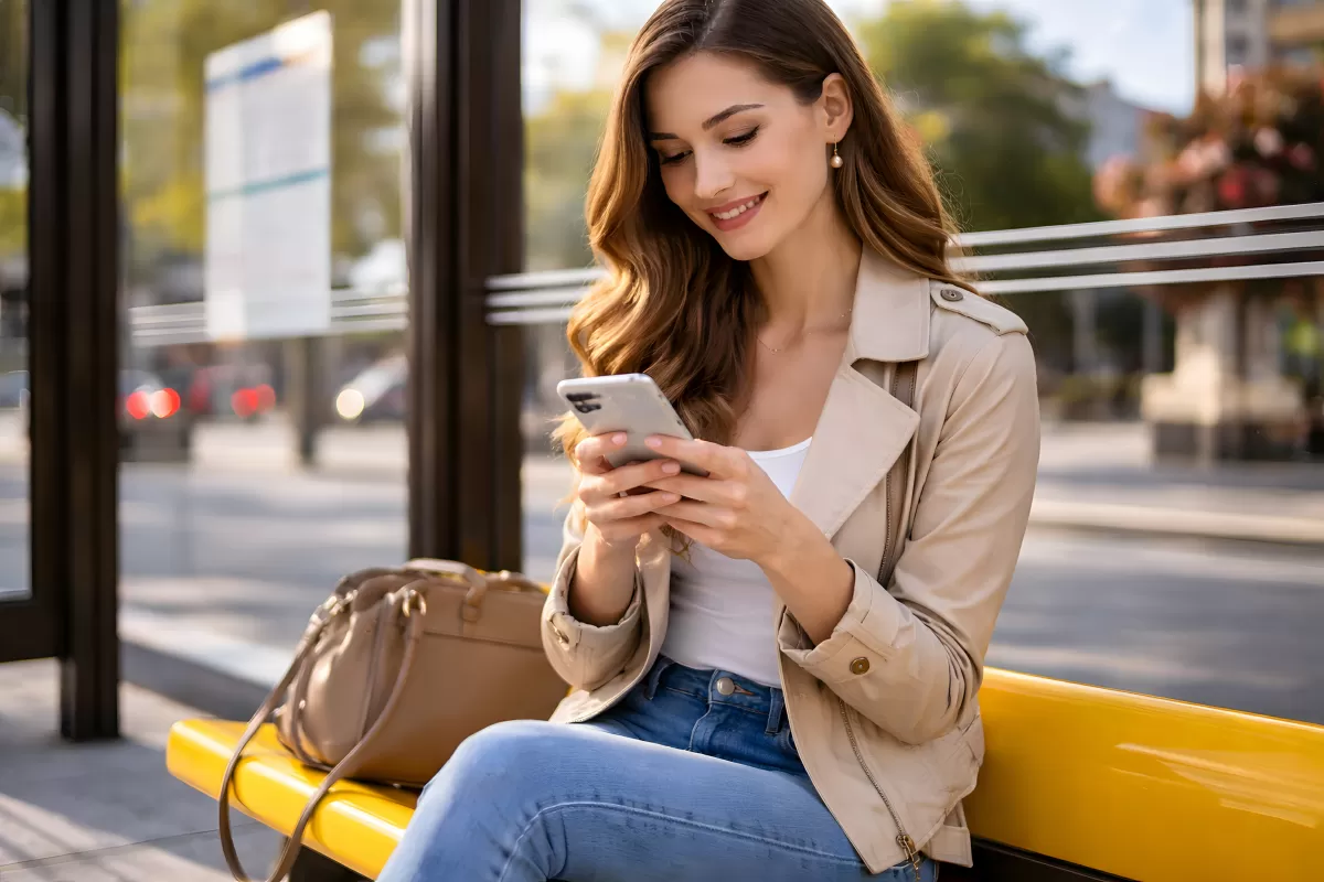 Junge Frau wartet an Bushaltestelle mit Smartphone