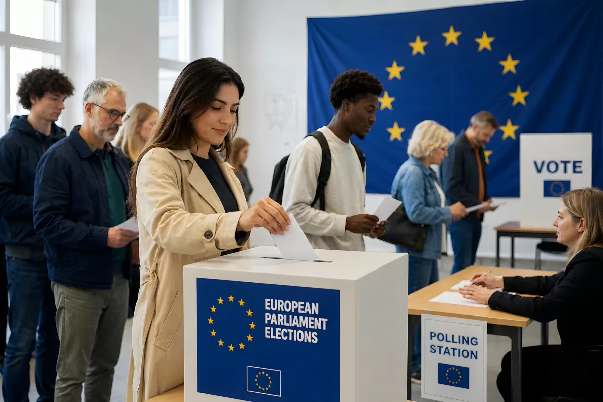 Junge Frau wirft Stimmzettel bei Europawahl ein