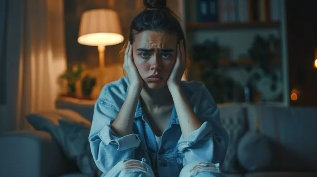 Junge Frau zeigt emotionalen Stress in ruhigem Ambiente