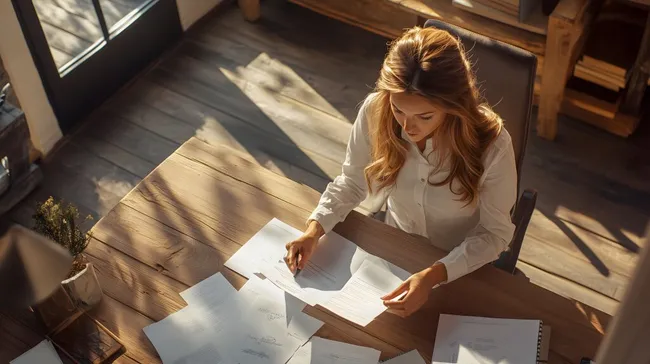 Junge Geschäftsfrau im modernen Home-Office mit Sonnenlicht