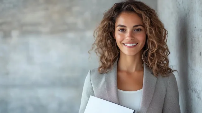 Junge Geschäftsfrau mit Ordner vor Betonwand
