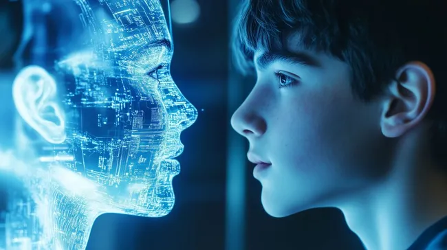 Junge im Dialog mit seinem digitalen Spiegelbild