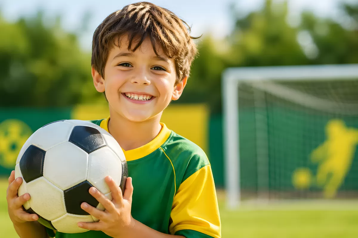 Junge im Fußballtrikot hält Ball und lächelt