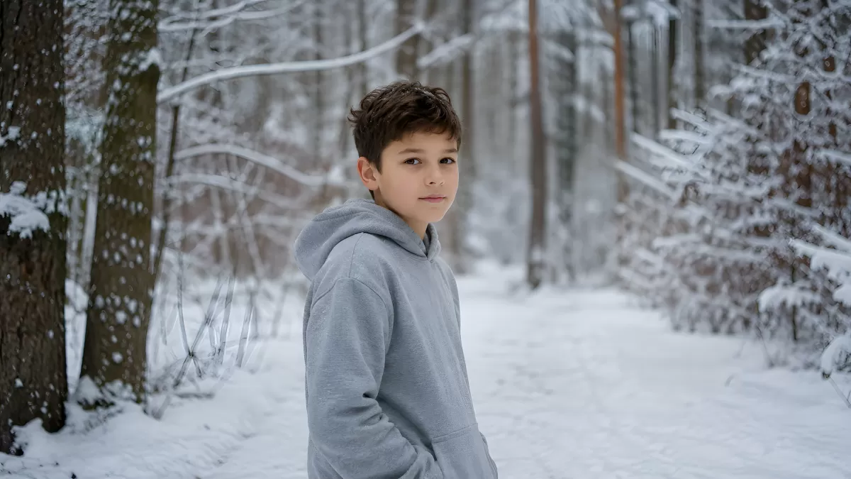 Junge im Winterwald auf verschneitem Waldweg